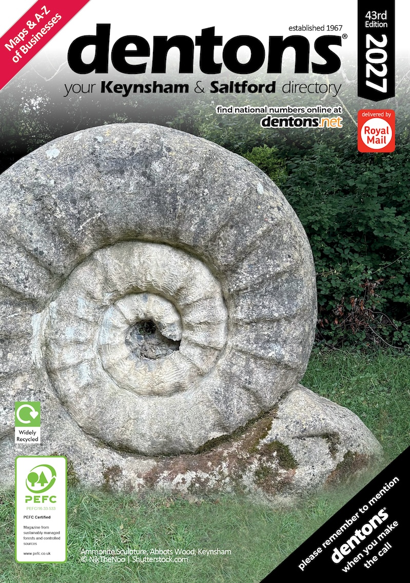 Keynsham Front Cover 2027-Ammonite Sculpture, Abbots Wood, Keynsham